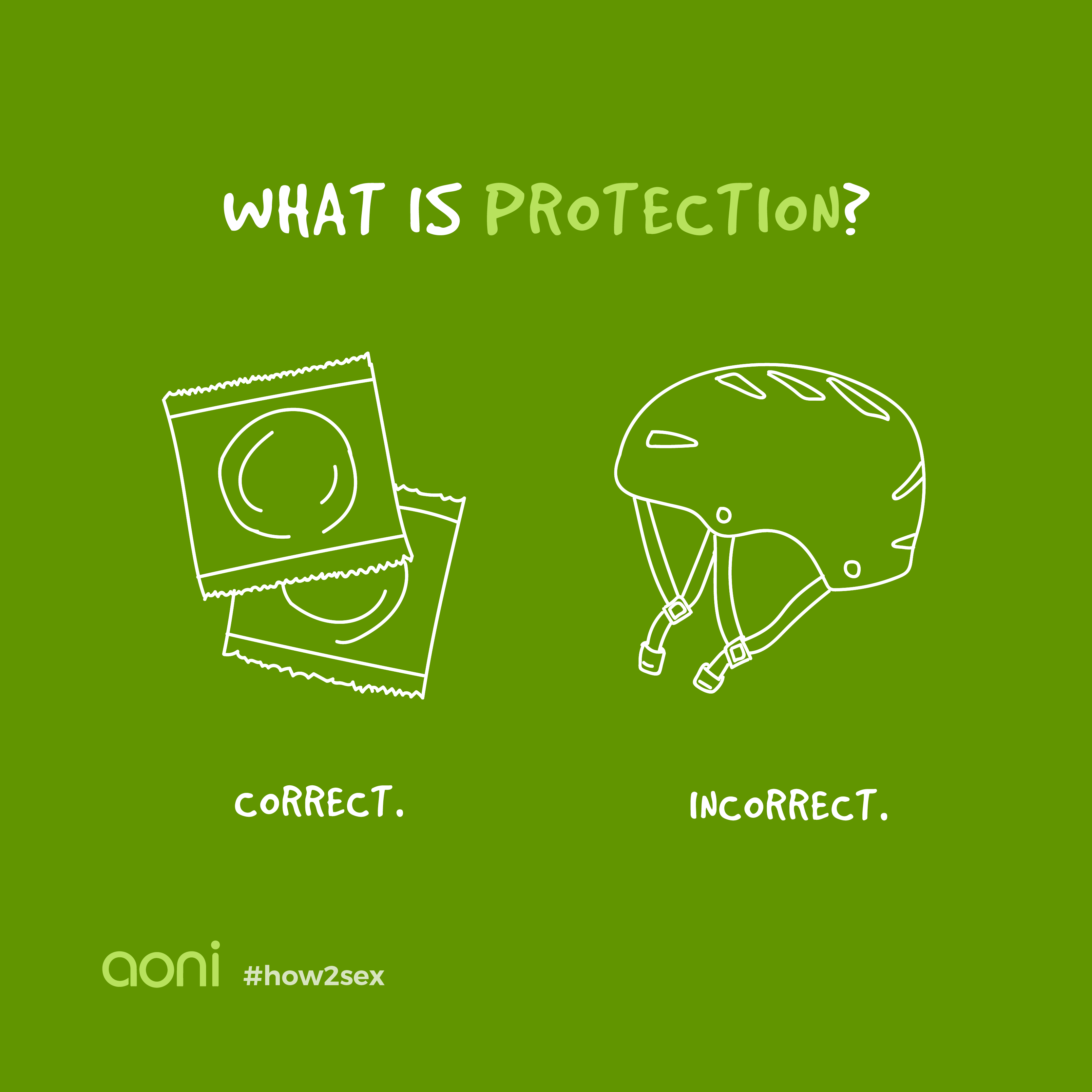 A #how2sex card on a green ground asking 'What is protection?', with a line drawing of two condom wrappers labelled correct and a bicycle helmet labelled incorrect.