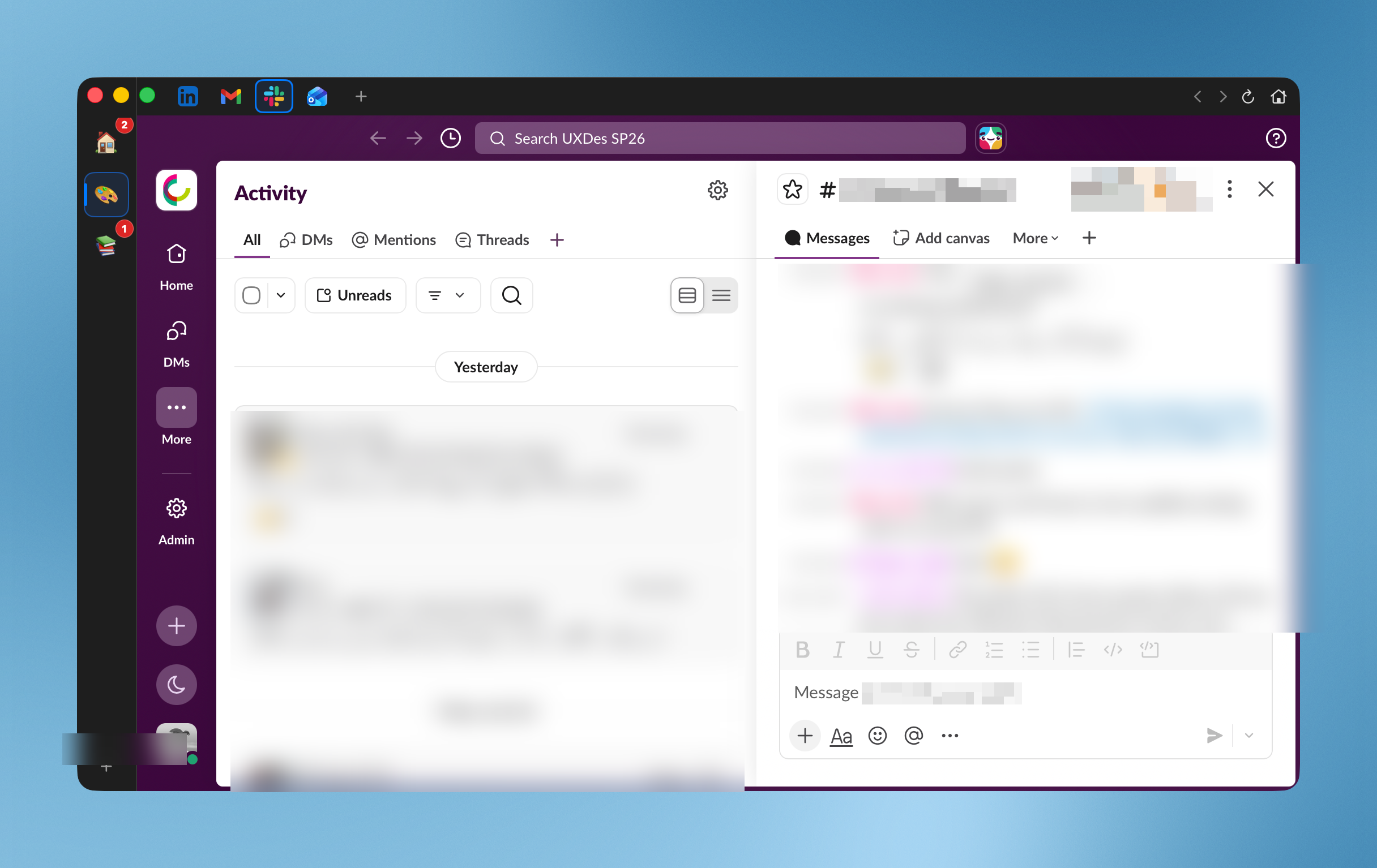 Chorus running on macOS: a left rail of services with unread badges, a row of service tabs across the top, and a team-chat service filling the window. Message content is blurred.