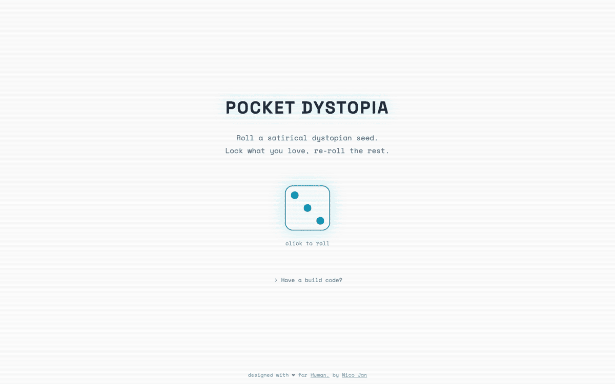 Pocket Dystopia intro screen: the title over a single die graphic with a 'tap to roll' prompt.